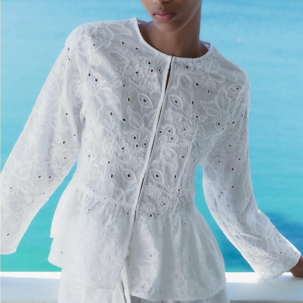 Zara Embroidered Peplum Blouse - Size S - White